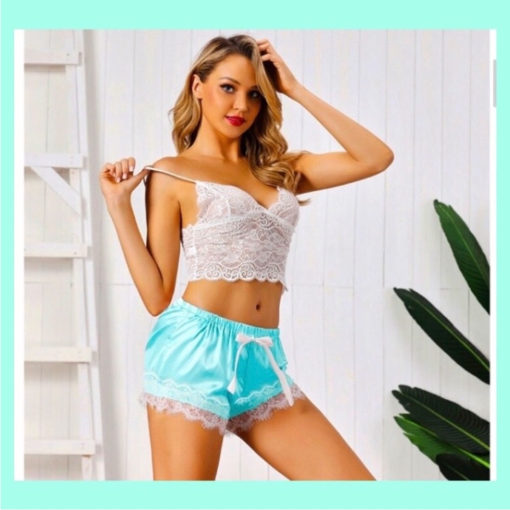New! Chic Lace Trim White and Blue Sleepwear Set